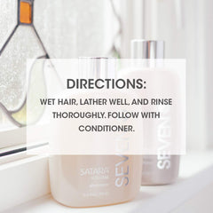 SEVEN Satara Volume Shampoo Made in USA badge signals trusted origin.