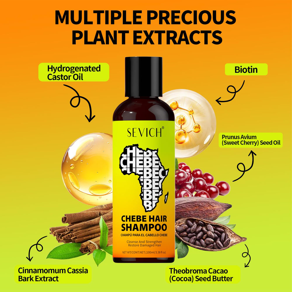 SEVICH Chebe natural ingredient blend graphic emphasizing repair potential.