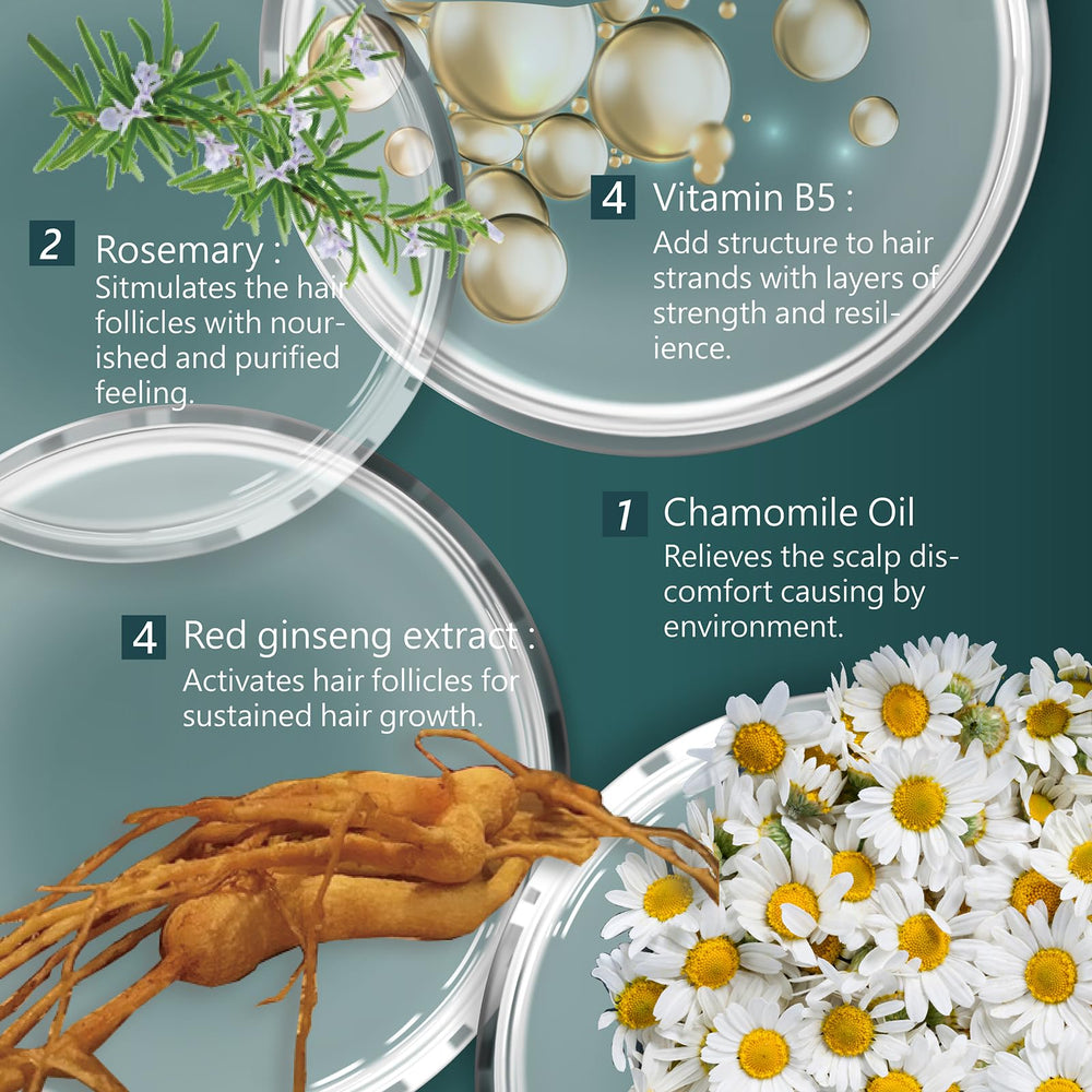 Ingredients label shows red ginseng and chamomile for scalp balance.