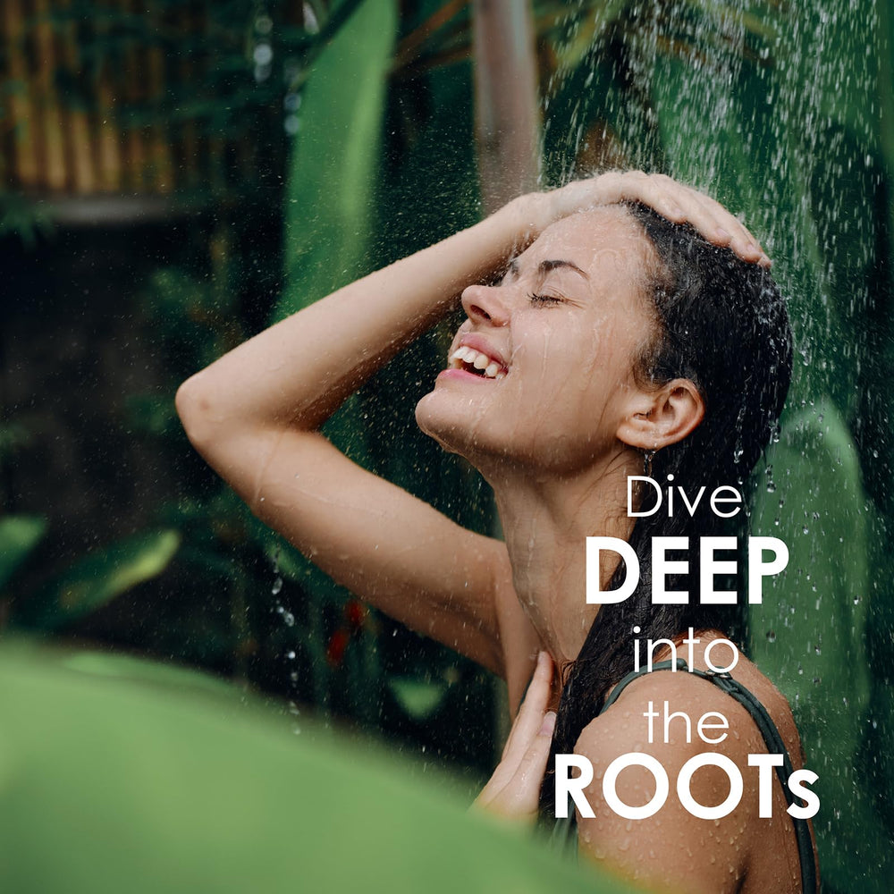 Close-up scalp detail shows applying the nourishing SH-RD blend.