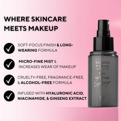 Shades by Shan setting spray with hyaluronic acid for hydrated makeup hold.