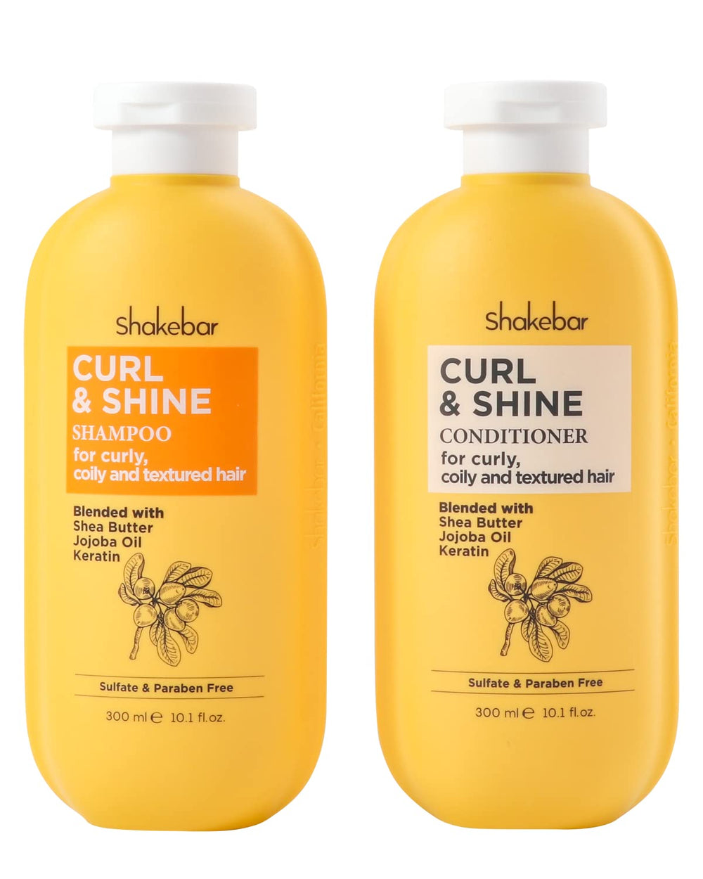 SHAKEBAR Keratin Curly Shampoo bottle shows packaging and defined curls