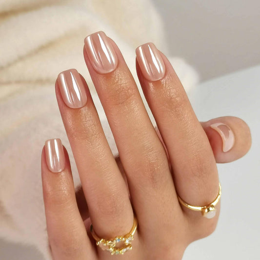 ShangMeng Nude Chrome press-on nails square close-up, natural gel finish for effortless at-home manicures.