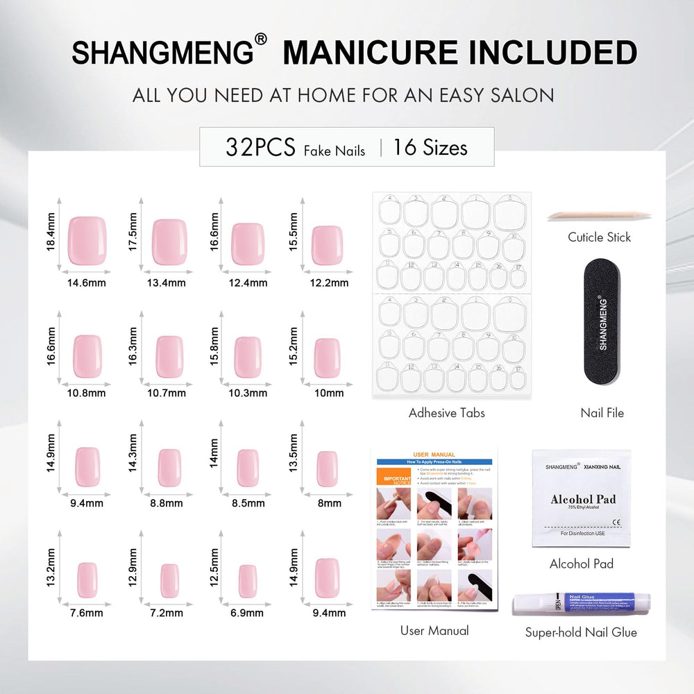 ShangMeng Pink Chrome press-on nails square contents include file and manicure guide