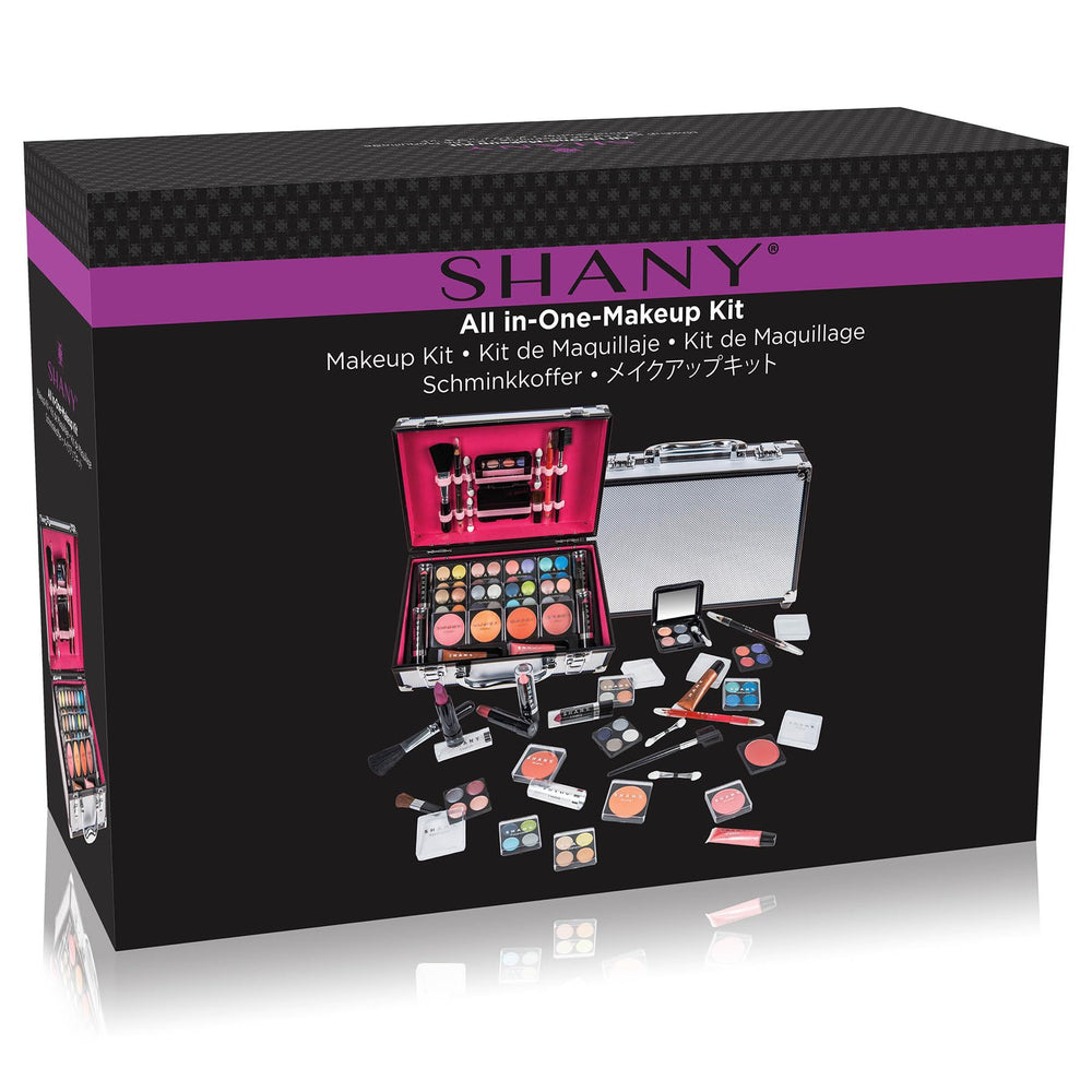 SHANY train case open with makeup showing quads and lip colors for easy access.
