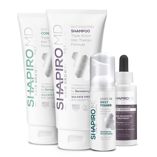 Shapiro MD Regrowth Shampoo shown for scalp care and fuller look