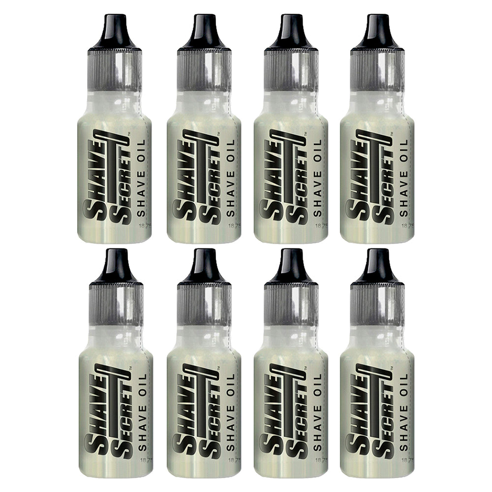 Shave Secret shaving oil bottle pouring for a smooth, irritation-free shave.