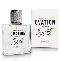 Shawn Crenshaw Ovation Sport bottle close-up emphasizing fresh citrus and woody base for daily wear