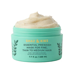 SHAZ & KIKS Essential Prewash Mask bottle cap shows premium scalp care and color-safe formula.