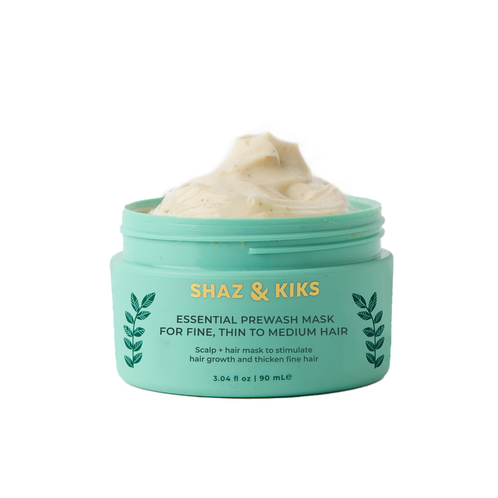 SHAZ & KIKS essential prewash mask bottle showing color-safe nourishment for fine hair
