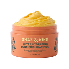 SHAZ & KIKS Ultra Hydrating Turmeric Shampoo bottle delivering deep moisture for dry scalps.