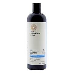 Shea Radiance African Black Soap Body Wash bottle front, unscented formula for sensitive skin