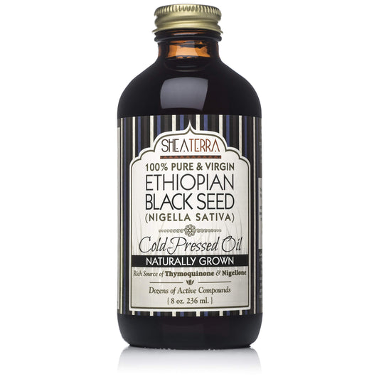 Shea Terra Ethiopian Black Seed Oil bottle on shelf, may support immune function
