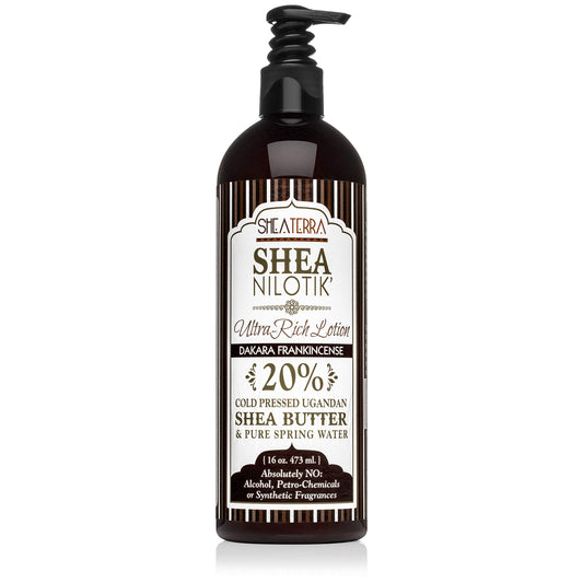 Shea Terra Nilotik lotion with Dakara frankincense bottle front for daily hydration.