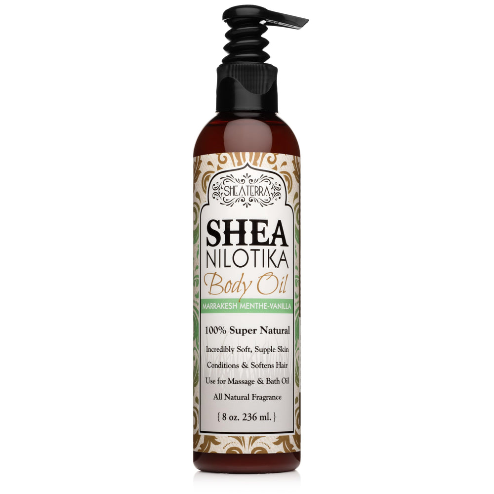 Shea Terra Nilotik Oil bottle with Marrakesh Menthe Vanilla moisturizes skin and hair