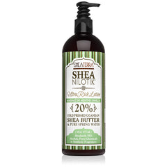 Shea Terra Nilotik’ lotion bottle packaging for daily hydration.