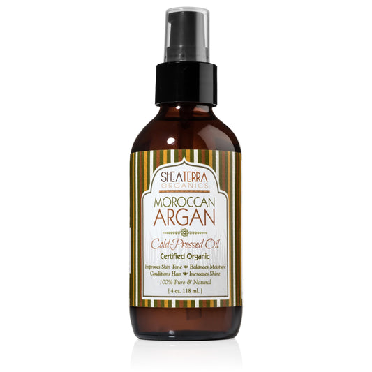 Shea Terra Organics Moroccan Argan Oil bottle for deep hydration of skin and hair.