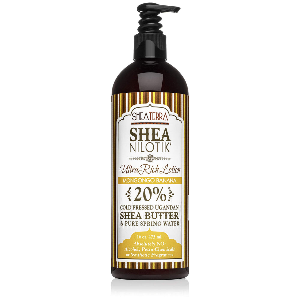 Shea Terra Organics Nilotik’ lotion bottle with mongongo banana aroma for daily hydration.