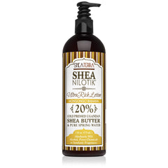 Shea Terra Organics Nilotik’ lotion bottle with mongongo banana aroma for daily hydration.