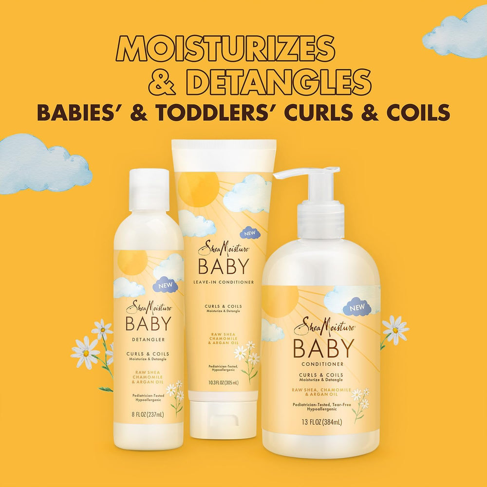SheaMoisture Baby Essentials detangling close-up on baby hair.