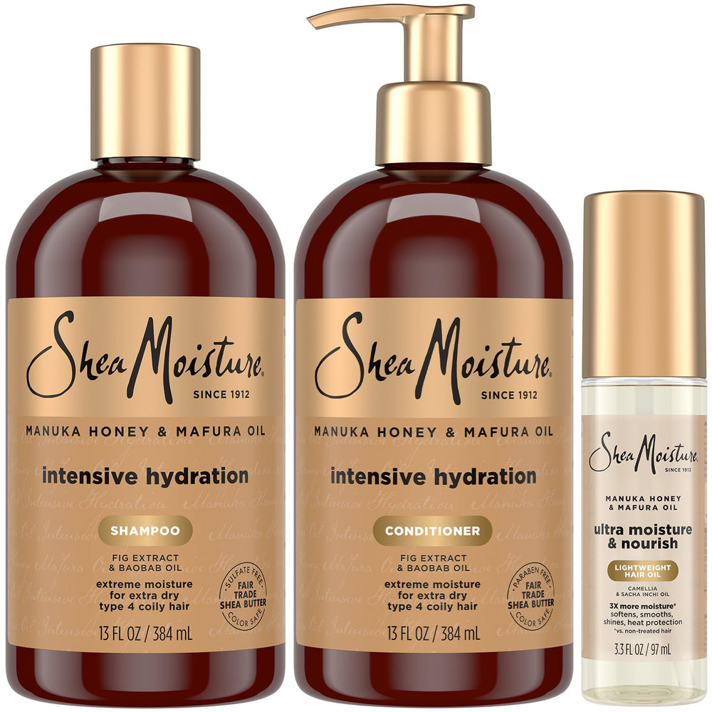 SheaMoisture Manuka Honey and Mafura Shampoo bottle for deep moisture in coil care