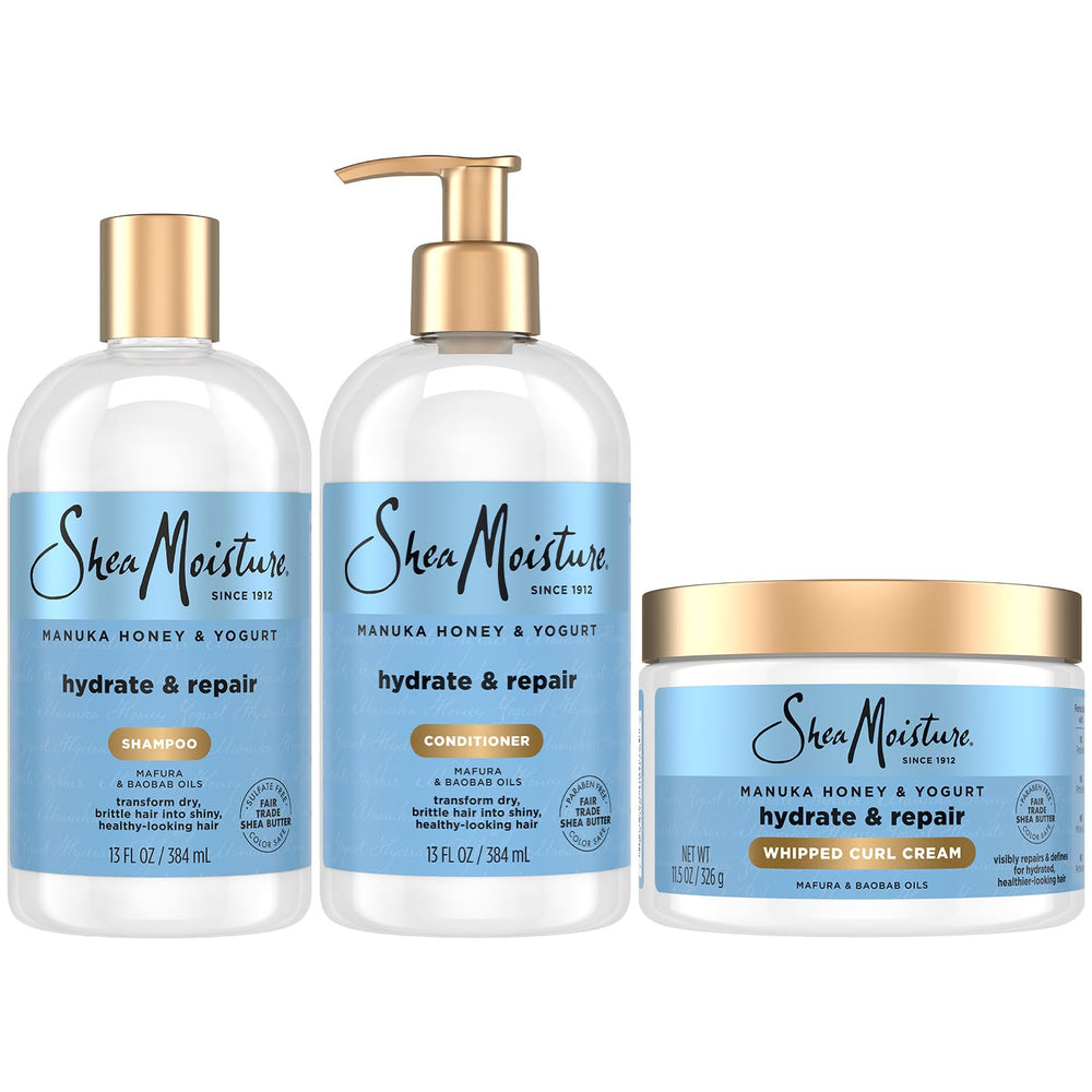 SheaMoisture Manuka Honey Yogurt Shampoo bottle delivers hydrating cleanse and breakage support.