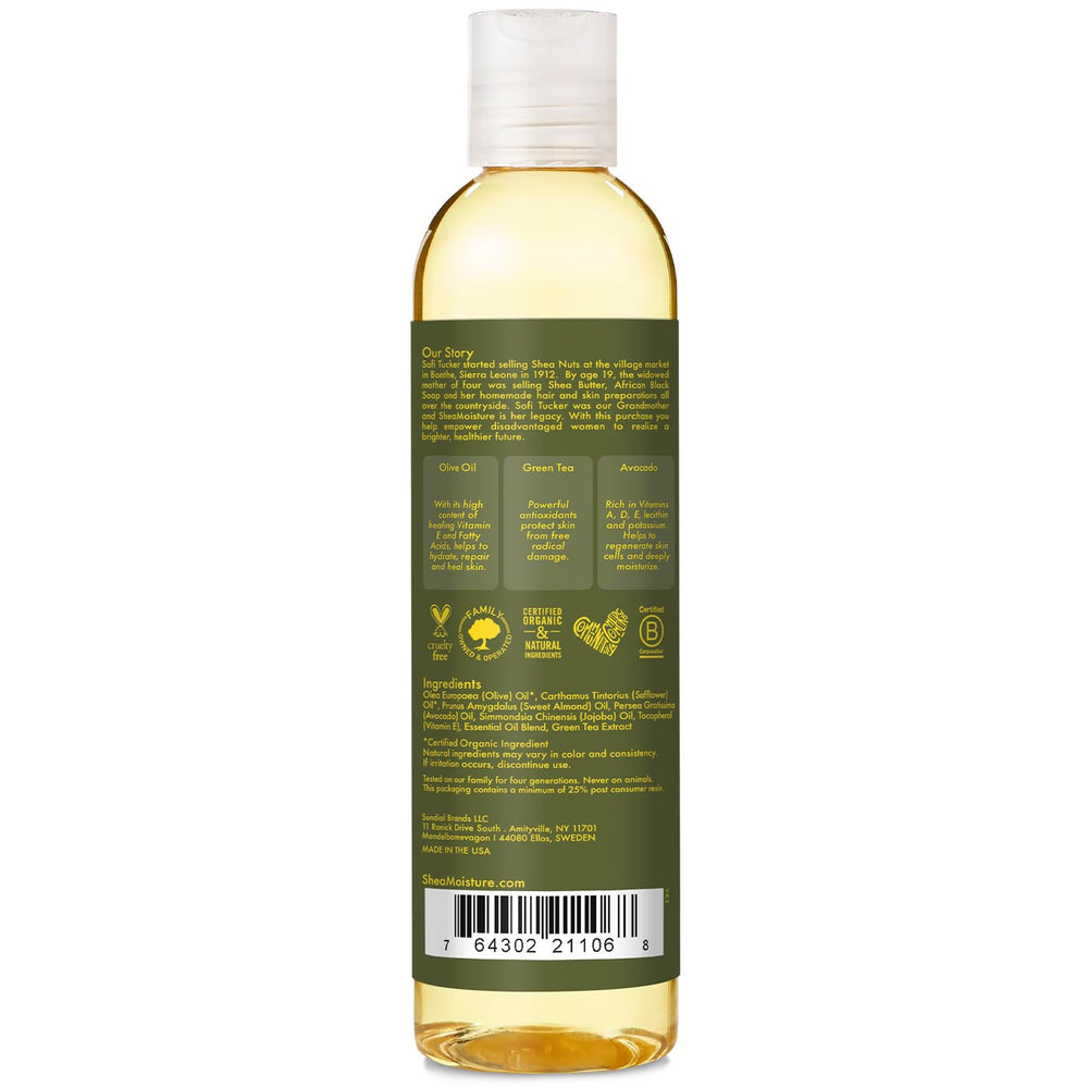 SheaMoisture Olive and Green Tea oil bottle pour showing dispensing.