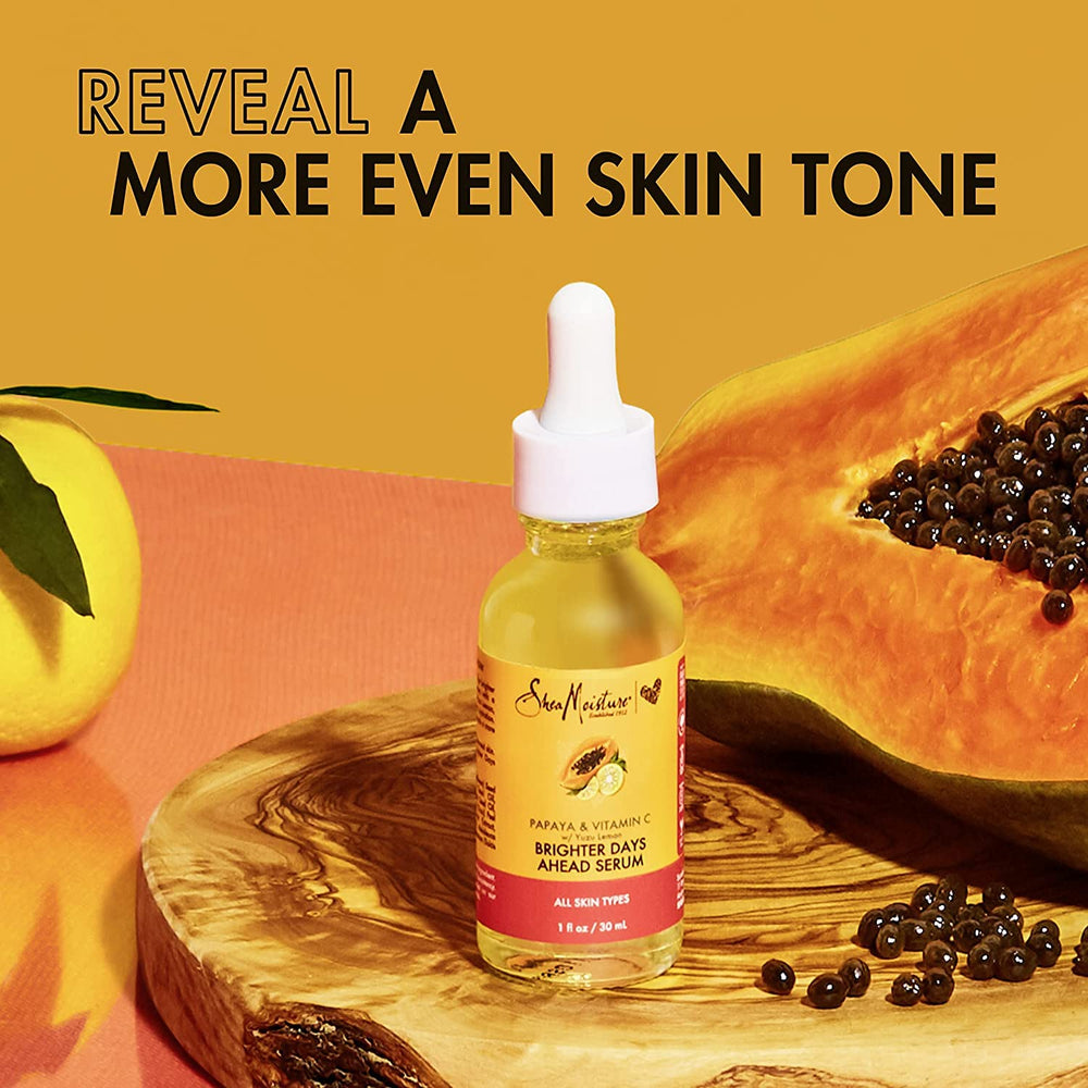 SheaMoisture Papaya Vitamin C Serum texture close-up shows lightweight formula.