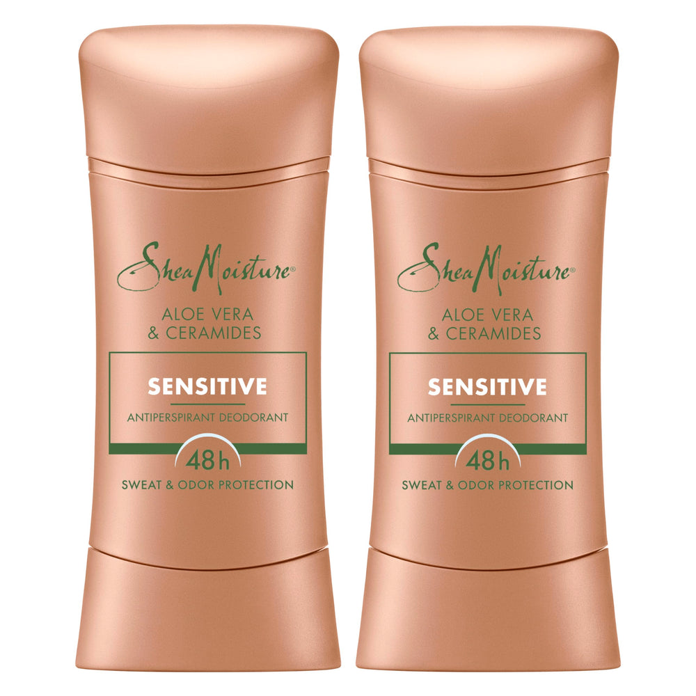 SheaMoisture Sensitive Aloe-Ceramides deodorant stick packaging highlighting a two-pack, convenient for daily use.