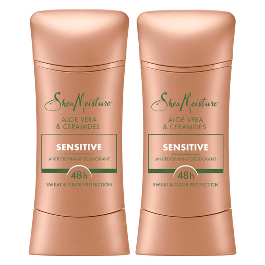 SheaMoisture Sensitive Aloe-Ceramides deodorant stick packaging highlighting a two-pack, convenient for daily use.