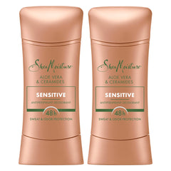 SheaMoisture Sensitive Aloe-Ceramides deodorant stick packaging highlighting a two-pack, convenient for daily use.