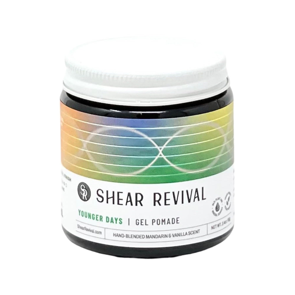 Shear Revival Younger Days jar closeup, highlighting natural finish and water rinse ease