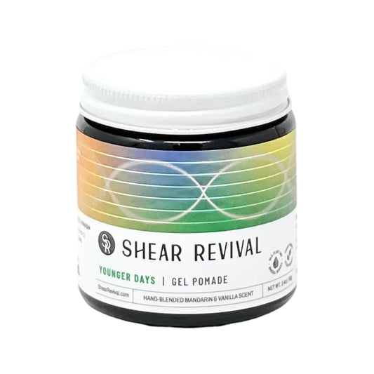 Shear Revival Younger Days jar closeup, highlighting natural finish and water rinse ease