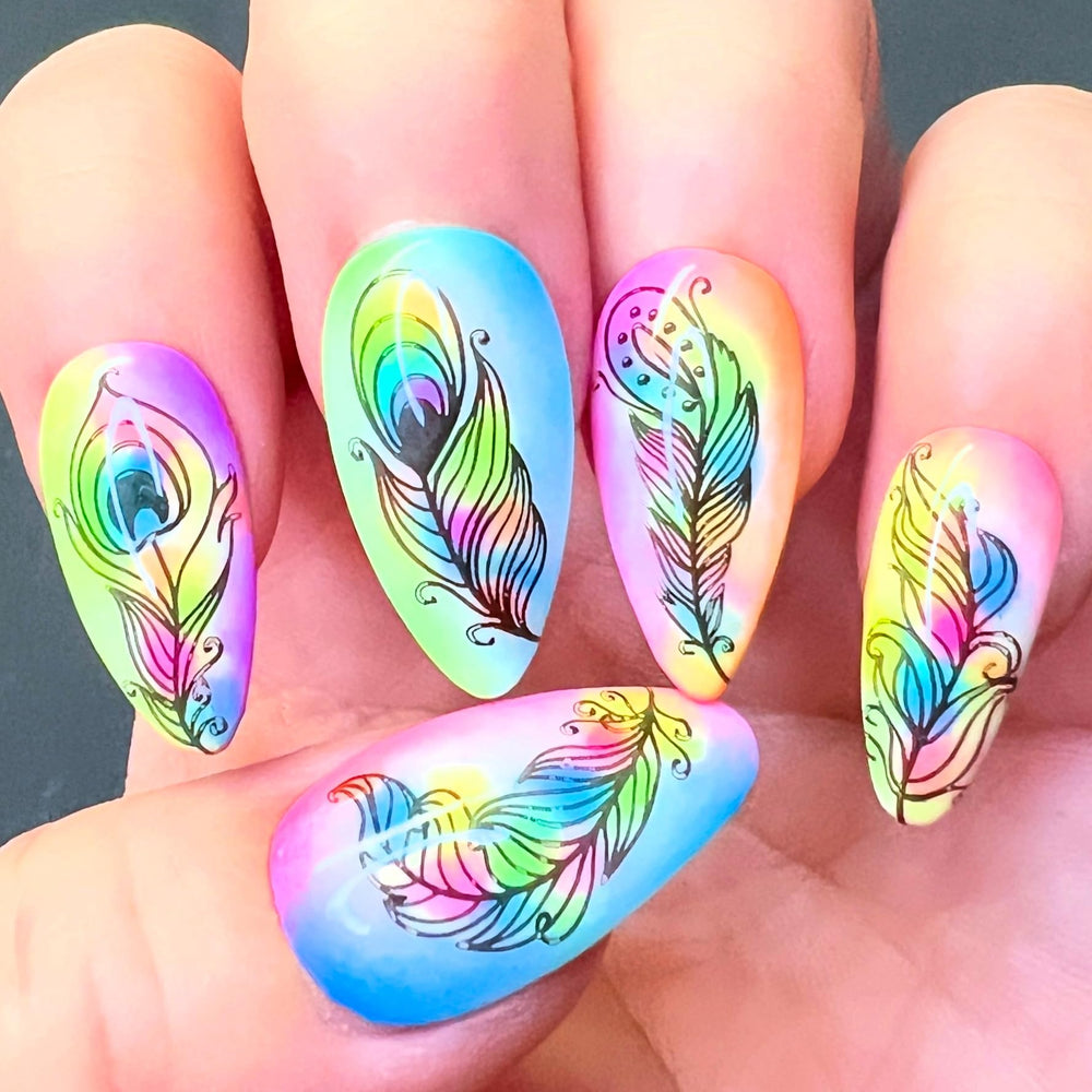 SheModern stamping artist uses sticky polish for delicate lines and precise details.