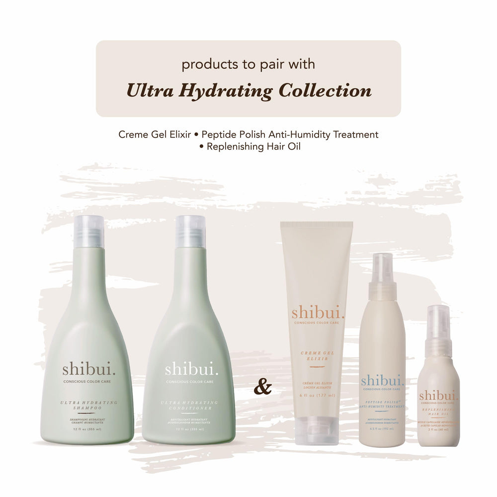SHIBUI Ultra Hydrating Shampoo bottle close-up conveys premium, sustainable packaging and wellness vibe.
