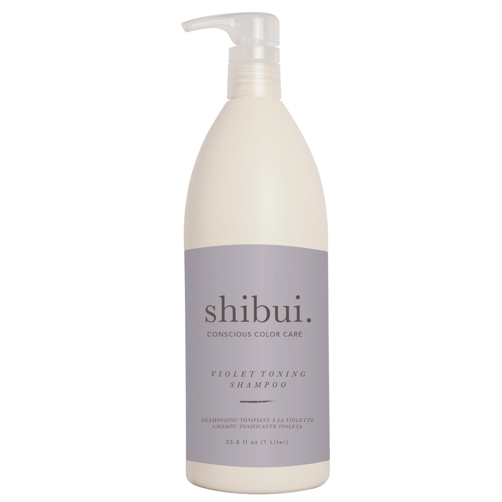 SHIBUI Violet Toning Shampoo bottle close-up neutralizes brassiness for blondes