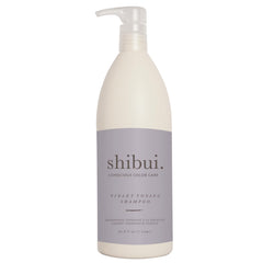 SHIBUI Violet Toning Shampoo bottle close-up neutralizes brassiness for blondes