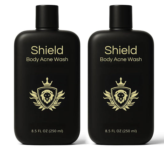 Shield Body Acne Wash bottle front view, unscented formula for daily cleansing.
