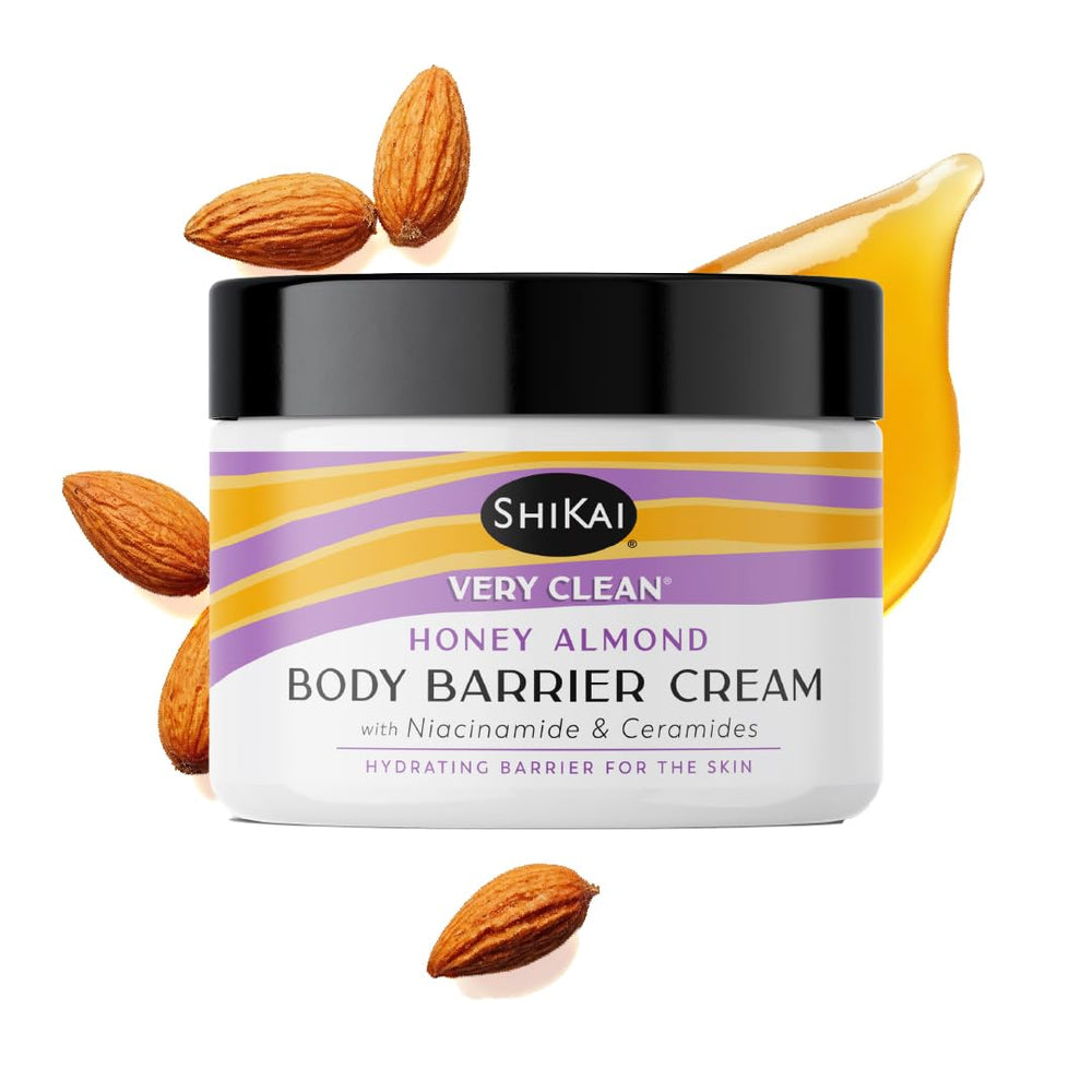 Shikai Very Clean Barrier Cream jar with honey almond for moisturized, protected skin.
