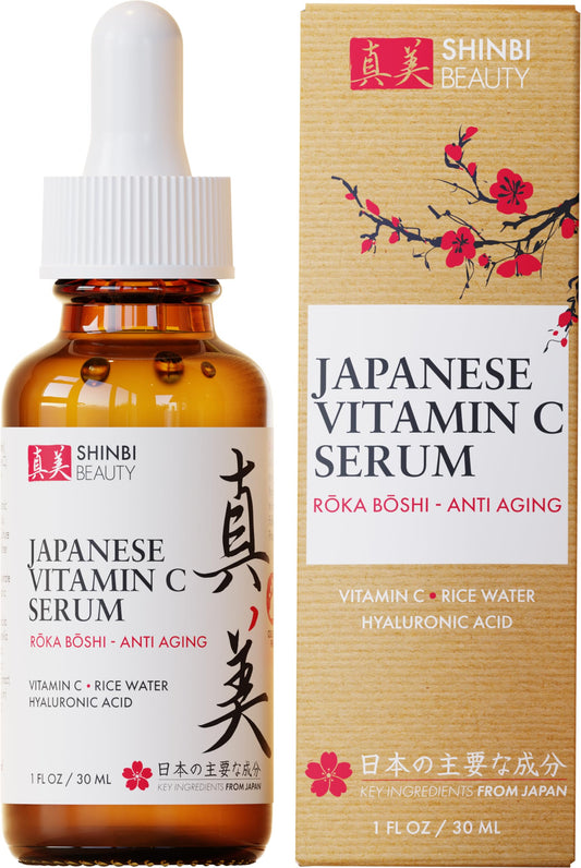 Shinbi Beauty Japanese Vitamin C Serum bottle closeup with glow-enhancing formula.