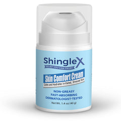 ShingleX Moisturizing Skin Cream bottle pour showing fast-absorbing hydration