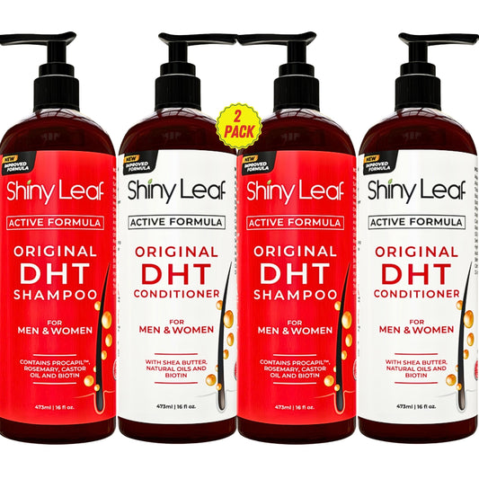 Shiny Leaf DHT Blocker Shampoo bottle showing daily-use formula for healthier-looking hair.