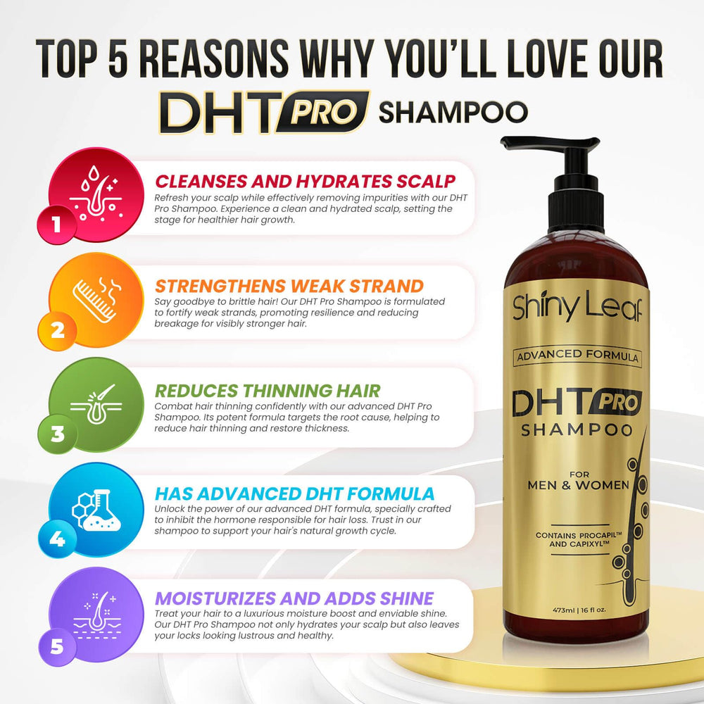 Shiny Leaf DHT Pro Shampoo lather showing deep moisture and shine