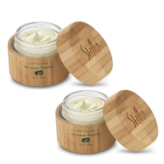 Shira Organic Avocado Moisturizer bottle closeup highlighting deep hydration for dry skin.