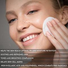 Shira Shir toner bottle closeup emphasizes organic pomegranate care.