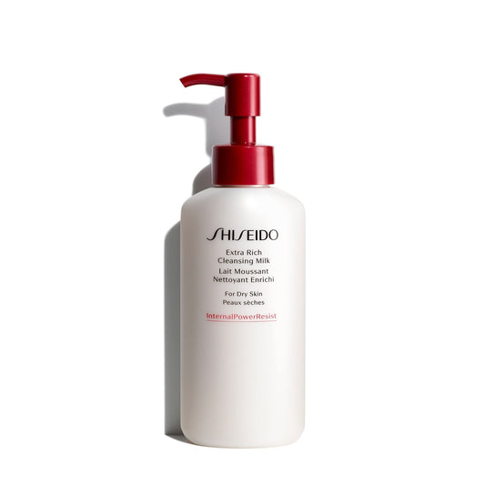 Shiseido Extra Rich Cleansing Milk bottle pump shows easy daily cleansing.