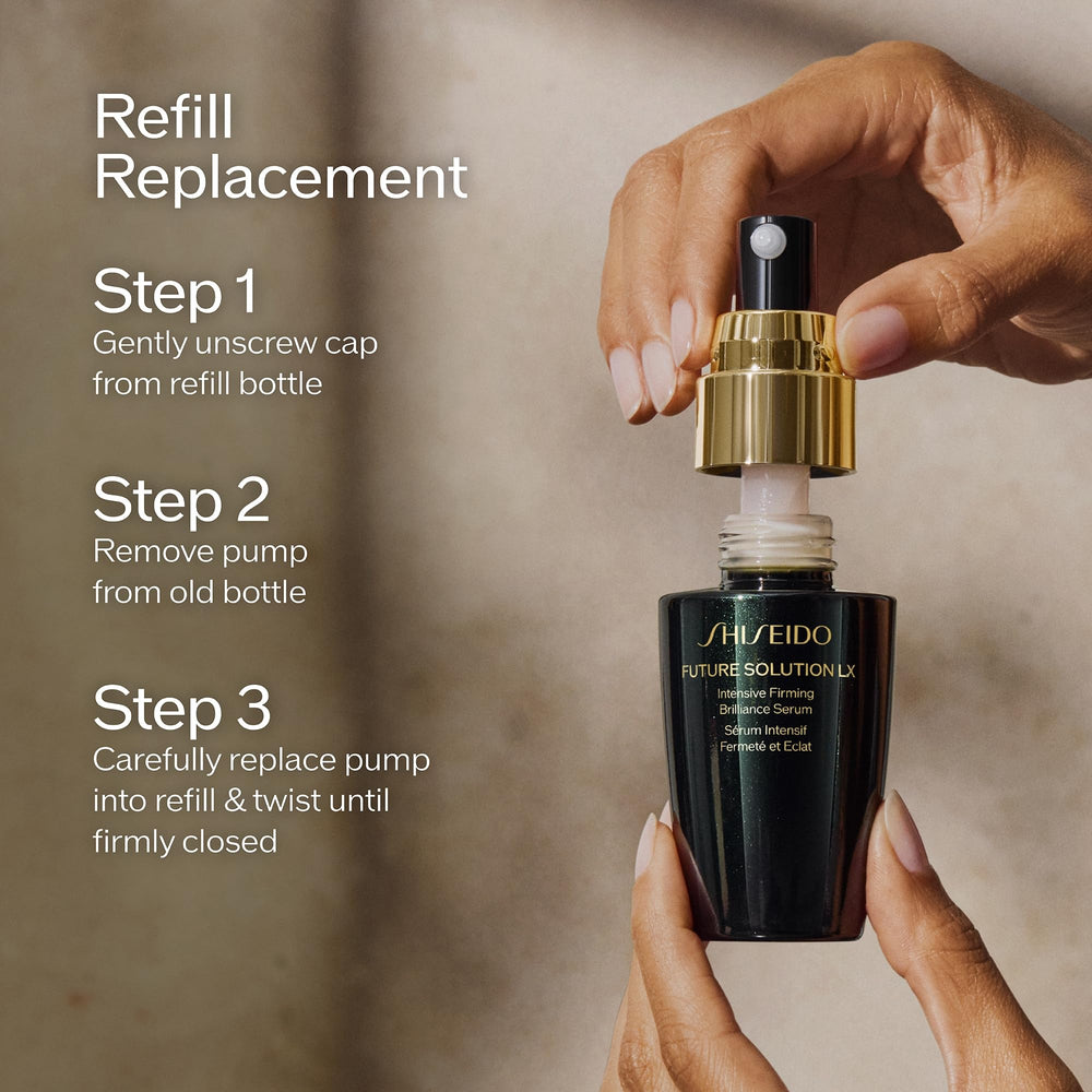 Shiseido Future Solution LX serum texture close-up shows smooth consistency.