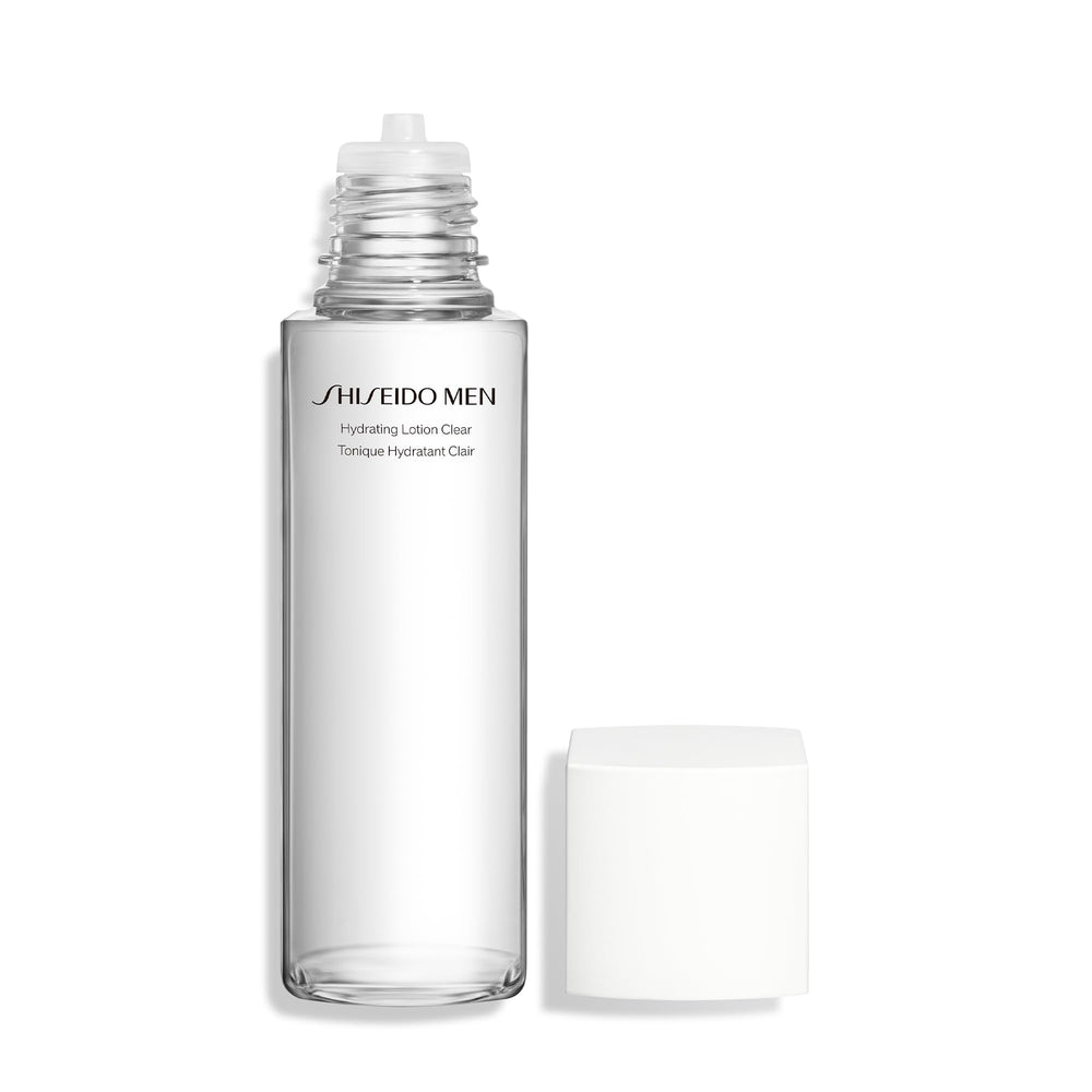 Shiseido Men Hydrating Lotion Clear packaging shows a paraben-free, mineral oil-free formula.