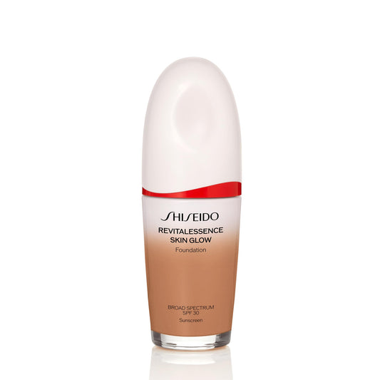 Shiseido RevitalEssence Skin Glow Foundation bottle demonstrates even coverage