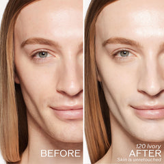 Shiseido foundation Ivory 120 being applied for an even tone.